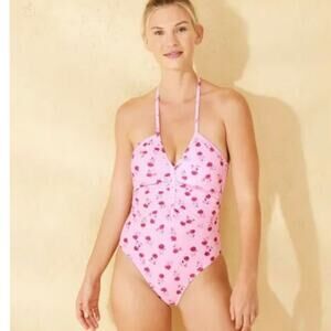 Shade & Shore Pink Floral Swimsuit One-Piece with ruching Large Preloved